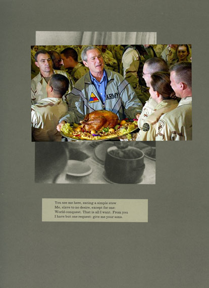 Adam Broomberg & Oliver Chanarin, Plate 26, George Bush serves a Thanksgiving turkey to US troops stationed in Baghdad in 2003, (photo Tim Sloan), work on paper, 24 cm x 29 cm, 2011