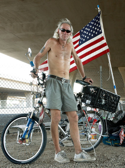 Diana Scheunemann: PHOENIX, ARIZONA. James is a veteran. He has been homeless for 17 years. 
He owns a cell phone for his friends and family to reach him, and a bicycle, on which he has traveled the country. He misses his cat, who died recently, and he loves fishing.