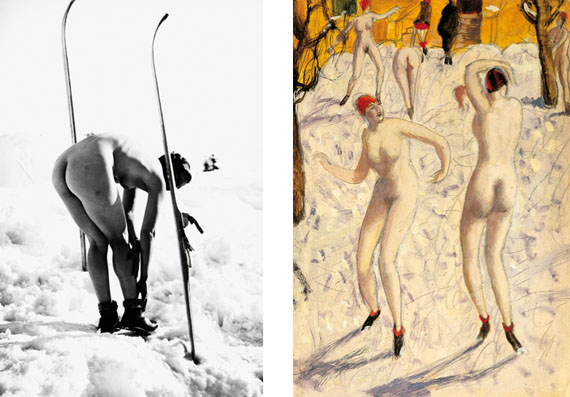left: Alfons Walde: Lacerta, January 1935, fine art print from original negative © Alfons Walde / Bildrecht 2014
right: Alfons Walde, Nude Dancers in the Snow, around 1925, tempera on paper © Alfons Walde / Bildrecht 2014
