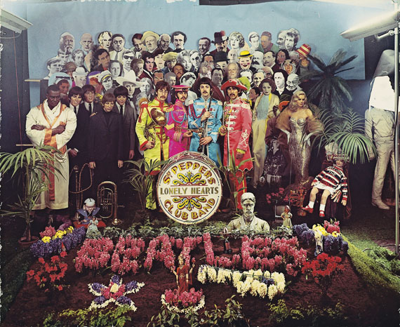 MICHAEL COOPER, Sergeant Pepper’s Lonely Hearts Club Band, 1967, dye-transfer print | Estimate: $50,000 – 70,000• Sergeant Pepper’s Lonely Hearts Club Band is a pristine and unique print and is in a broader cropping than the album cover showing much 'behind-the-scenes’ activity.  • In keeping with the lyrics of the title track, Paul’s idea was that the group should be depicted as the kind of band that would play in a park bandstand. • This is the only known dye-transfer print of the image.