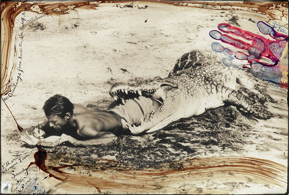 Peter Beard, I'll Write Whenever I Can, Koobi Fora, Lake Rudof, silver print with unique hand applications, 1965, printed 1990s.Estimate $20,000 to $30,000.