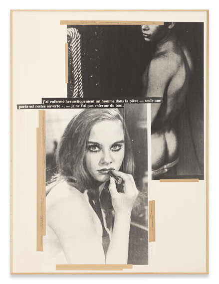 Astrid Klein: J'ai enfermé hermétiquement un homme dans la pièce, 1980Collage, beschriftetes Tape, Foto auf KartonCourtesy Sprüth Magers. © Astrid Klein