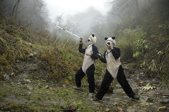 Ami Viale: Panda keepers Ma Li and Liu Xiao Quiang check the radio signal on newly released cub Hua Jiao, from the series »Pandas Gone Wild«, 2015  © Ami Vitale