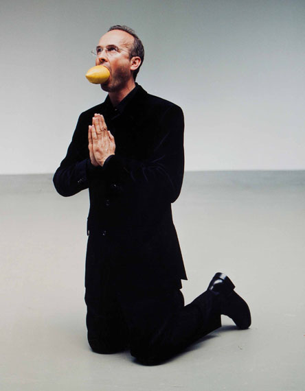 Lot 41Erwin Wurm (b. 1954)"THE ARTIST BEGGING FOR MERCY (DEDICATED TO MAURIZIO)" 2002C-printSigned on label on the reverseEd. 5/5 plus 2 AP180x126 cm