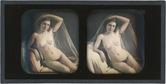 Lot 4040. Bruno-Auguste Braquehais. Seated female nude with veil. 1850s. Stereo Daguerreotypie. 