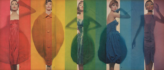 "Rage for color", Look, October 15th, 1958. (models from the left to right : Renée Breton, Tess Mall, Dolores Hawkins, Anne St. Marie, Bani Yelverton) © The Estate of Erwin Blumenfeld