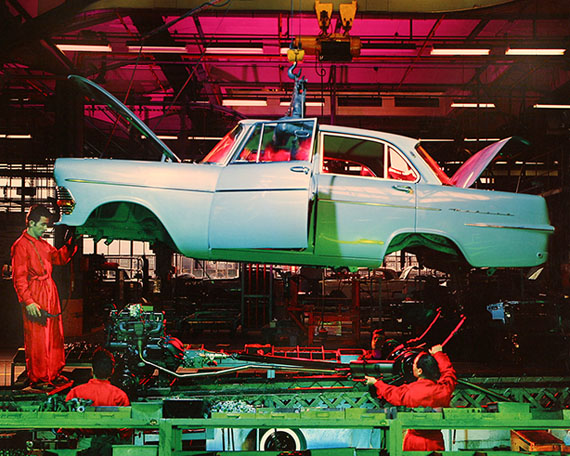 © René Groebli, Assembly of an Opel Record, General Motors, Biel, SwitzerlandTaken with six flash-lights and coloured foils, No. D21, 1961