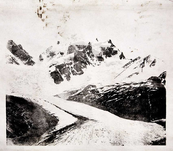 © Douglas Mandry, from the series »Monuments«, Roseg, 2020, Unique piece, Lithography on used Geotextile (Glacier protection blanket), 87,3 x 118 cm (print)