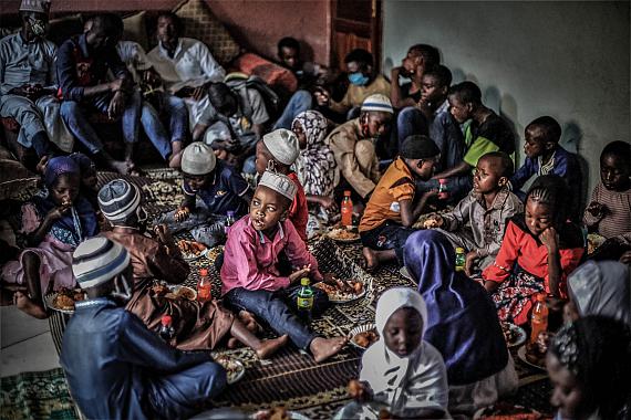Goma, DRC, May 2020. Vulnerable children gather for a shared meal at a muslim community centre in Goma during Ramadan last week. © Ley Uwera for Fondation Carmignac