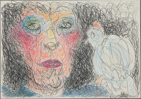 Geta Brătescu, Selfportrait with Bird, 1988, drawing, coloured pencil on paper, 29,5 x 42 cm© Romanian Private Collection (Mircea Pinte, Cluj-Napoca)