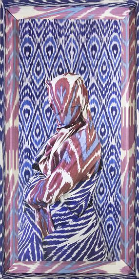 Alia AliAzure Drip, FLOW series, 2021Archival Pigment Print with UV laminate, mounted on aluminum Dibond in upholstered frame (wood & Uzbek Ikat print)140 x 68.5 x 7.5 cmEdition of 5 + 1 EP + 1 AP