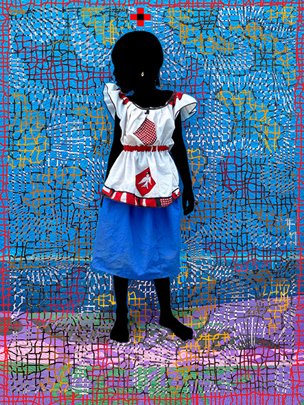 THE PRINCESS OF SWALLOWS ACT 1 GINKGO, 2021Series: The Blue Moon of OuagadougouHand painted on photography and digital collageArchival Pigment Print on Hahnemühle Fine Art Baryta 325g100 x 75 cm© SAÏDOU DICKO