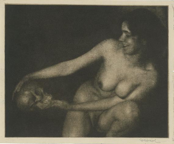 Lot 4141 
Frantisek Drtikol (1883-1961) 
"Le rire" (Female nude with skull). Circa 1913
Vintage warm-toned bromoil print on Japan