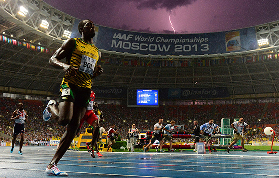 Lot 192 :
Olivier MORIN
Jamaica's Usain Bolt wins the 100-meter final of the World Championships at the Luzhniki Stadium, 
as a bolt of lightning strikes the sky. Moscow, August 11, 2013.
Gelatin silver print on satin paper, from digital file (chromogenic lambda print). 
Blind stamp AFP in the lower right margin. Stamp « AFP 5/11/2022 
Edition Spéciale N° : 1/1 » on verso.
Image : 44 x 66 cm - 17.3 x 26 in
Papier : 60 x 80 cm - 23.6 x 31.5 in