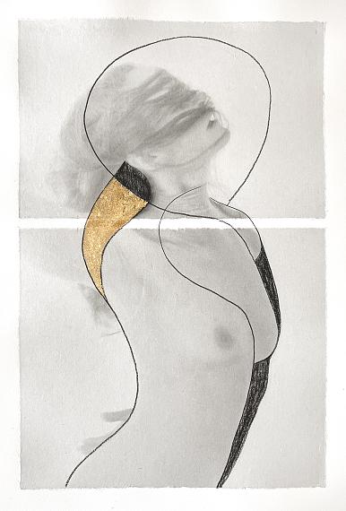 Margaret LansinkGrace (Collage), 2022Collage on handmade Washi paper with charcoal and 23Kt goldleaf69 x 48 cmEdition 5 & 2 AP 