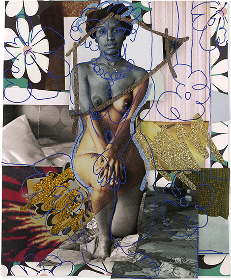 Mickalene Thomas, November 1977, 2023.
Dye sublimation prints and rhinestones.
60 3/4 x 48 7/8 inches
© Mickalene Thomas, Courtesy Yancey Richardson Gallery