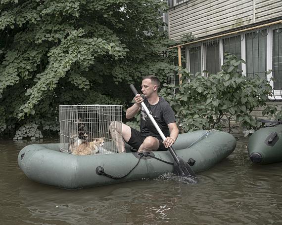 EUROPE, STORIES
Johanna Maria Fritz für Die Zeit
A volunteer rescues cats in the flooded harbor district. 
Flooding from the breached Kakhovka Dam lasted for 19 days. 
Kherson, Ukraine, 9 June 2023.
