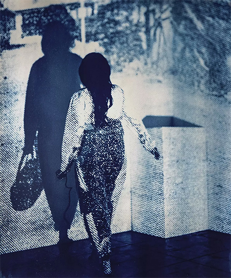 Tarrah Krajnak. Self Portrait as Walking Woman with Bag, 1979 Lima, Peru / 2019 Los Angeles, CA, 1979 Contact Negatives series, 2019. 