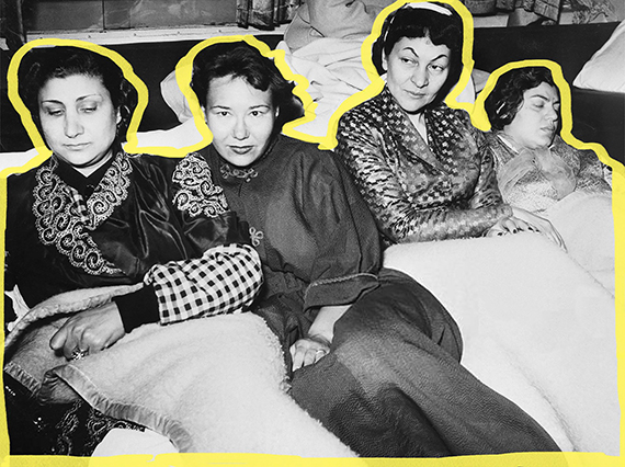 Doria Shafik, Egyptian suffragette leader (2nd from right), who has promised to fast until her native country allows demanded privileges, rests with other suffragettes. The weary Doria again stressed her intention to continue the hunger strike until she dies or enters the Constituent Assembly, one of her group's demands Cairo, 1954, with digital intervention. From Trailblazers: An Inquiry Into Egypt's Feminist History, 2024
© LINA GEOUSHY

