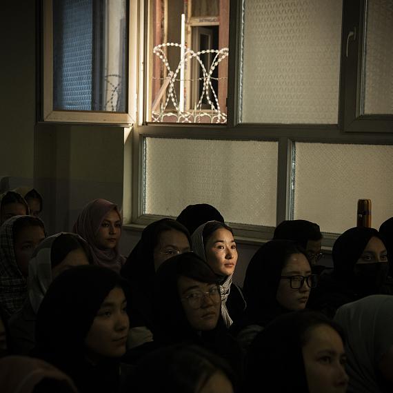 Kabul, Kabul, Afghanistan, February 17, 2024. A private institute in the West of Kabul, where girls follow the American curriculum in English, but cannot obtain any Afghan official education certificate, nor can they go to university in Afghanistan, closed for women. This is a rare instance where the school has managed to secure the local Taliban's approval to shut a blind eye on the school's operation with teenage girls. © Kiana Hayeri for Fondation Carmignac