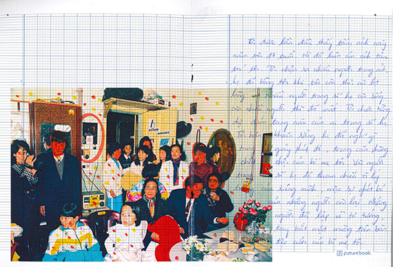  Phuong Nguyen Le, Untitled, from ‘Vở ô ly’ series, 2024, photocopy printed photograph on Vietnamese notebook paper, handwriting, ballpoint pen, felt pen, colour marker, 20 x 30cm. 