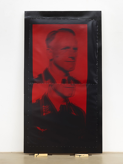Akosua Viktoria Adu-Sanyah, lab view 02 — Wilhelm Schlüter (great-grandfather, red glitch chromogenic iteration, two times 5 seconds, paper moved between exposures), 2025. Photography by Simon Vogel. Courtesy of the artist and Jan Kaps.