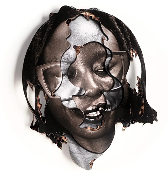 Mobolaji OgunrosoyePORTRAITS | WAMI, 2025Photo collage; archival paper, coffee granules, burnt Fabriano paper, rough textured Fabriano paper30 × 30 × 3 in | 76.2 × 76.2 × 7.6 cm with frame includedCourtesy kó, Lagos
