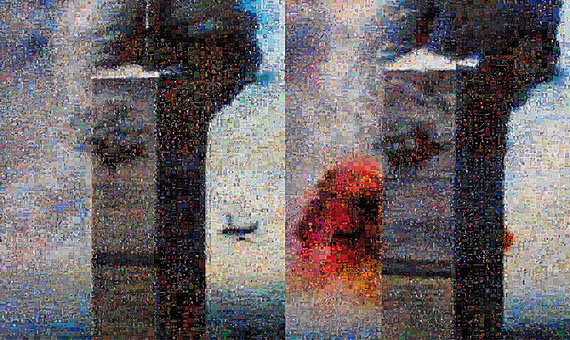 GOOGLEGRAM: SEPTEMBER 11, 2005, c-print, 95 x 160 cm . September 11 plane crash snapshots. The photographs have been refashioned using photomosaic freeware, linked to Google’s Image Search function. The final, result is a composite of 8,000 images available on the Internet that responded to the words: 