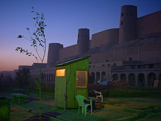 A security guard’s booth at the newly restored Ikhtiaruddin Citadel, Herat, 2010, 40x53" from an edition of 7, © Simon Norfolk