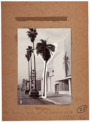 Mock Up #4 (North Side of Hollywood Blvd.), from the series A Few Palm Trees, 1971Gelatin silver print, tracing paper, pigment, pencil, and ink on board Board: 27.9 x 20.3cm Other 20.3 x 12.7cm Image: 17.8 x 12.7cm Whitney Museum of American Art, New York;Purchase, with funds from The Leonard and Evelyn Lauder Foundation, and Diane and Thomas Tuft 2004.585 © Edward Ruscha