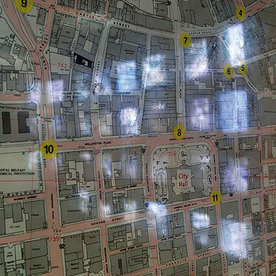Claudio Hils aus Archive Belfast: Polizeirevier Musgrave Street, Städtisches Videoüberwachungssystem, Stadtplan mit den Standorten der Videokameras