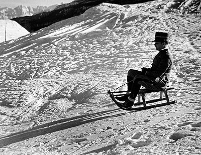 Italian officer enjoying sled ride in Sestrieres, Italian Alps., 1934 by Alfred Eisenstaedt © Time Inc used with permission