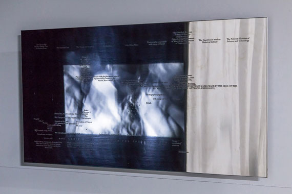 Lina SelanderLenin's Lamp Glows in the Peasant's Hut, 2011© Lina Selander. hd video, b/w, mute and sound 23:43 min Vitrine with radiographs and a stainless steel text plaque.