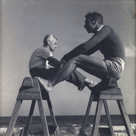 Lot 263: PaJaMa (Paul Cadmus, Jarend French and Margaret French), George Platt Lynes and Jared French, Fire Island, silver print, circa 1940. Estimate $1,500 to $2,500. 