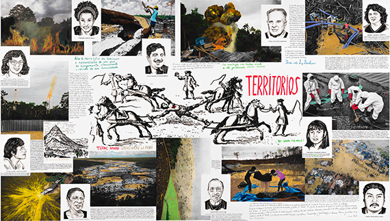 Territories | Territorios, 2022
Black and white archive photographs by Rodrigo Abd, 
hand-intervened and colored by Marcelo Brodsky, 
drawn with ink on paper by Fernando Bryce. 
Archival pigment print, paint, crayon, gouache & Ink on cotton paper
Dimensions 115 x 63.7 in
Unique piece