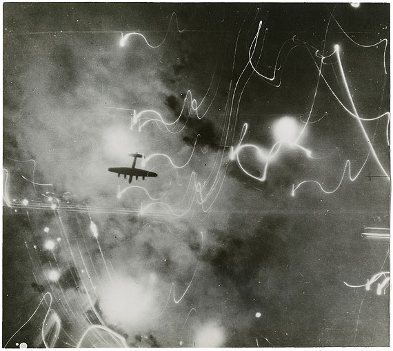 Photographer unknown: "Hamburg Thunderbolt raid on Feb. 1.43, a Lancaster against the 4’000 lbs bomb burst’s", 1943 © Bogomir Ecker