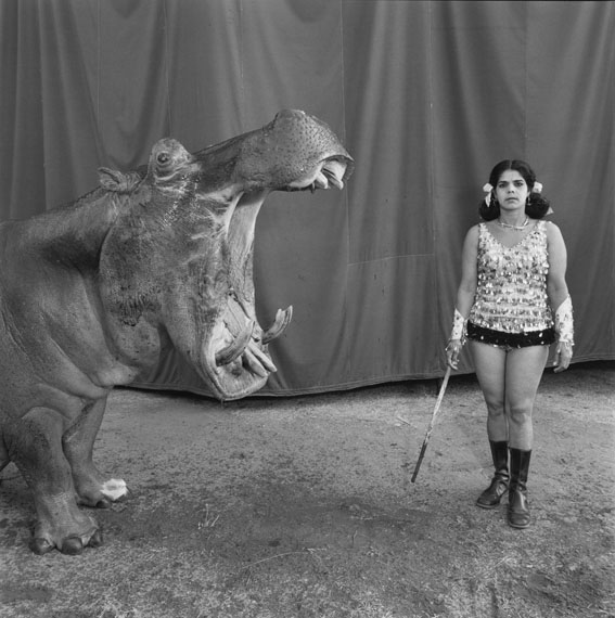 © Mary Ellen Mark, Hippopotamus and Performer. Great Rayman Circus, Madras, India, 1989