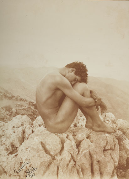 Wilhelm von Gloeden (1856–1931) , ›Cain‹, Taormina, Sicily c. 1900, Mat albumen print, Vintage, printed 1913,  39,3 x 29 cm (15.5 x  November 4 in), Signed, dated (print date) and annotated by the photographer in ink in the image lower left, photographer’s stamp on the reverse, € 15,000 / € 25,000–30,000