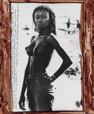 Lot 340: Peter Beard, Fayel Tall / El Molo Bay, Lake Rudolf, silver print with applied blood and feather, 1987, printed 1997. Estimate $20,000 to $30,000.© The Peter Beard Studio